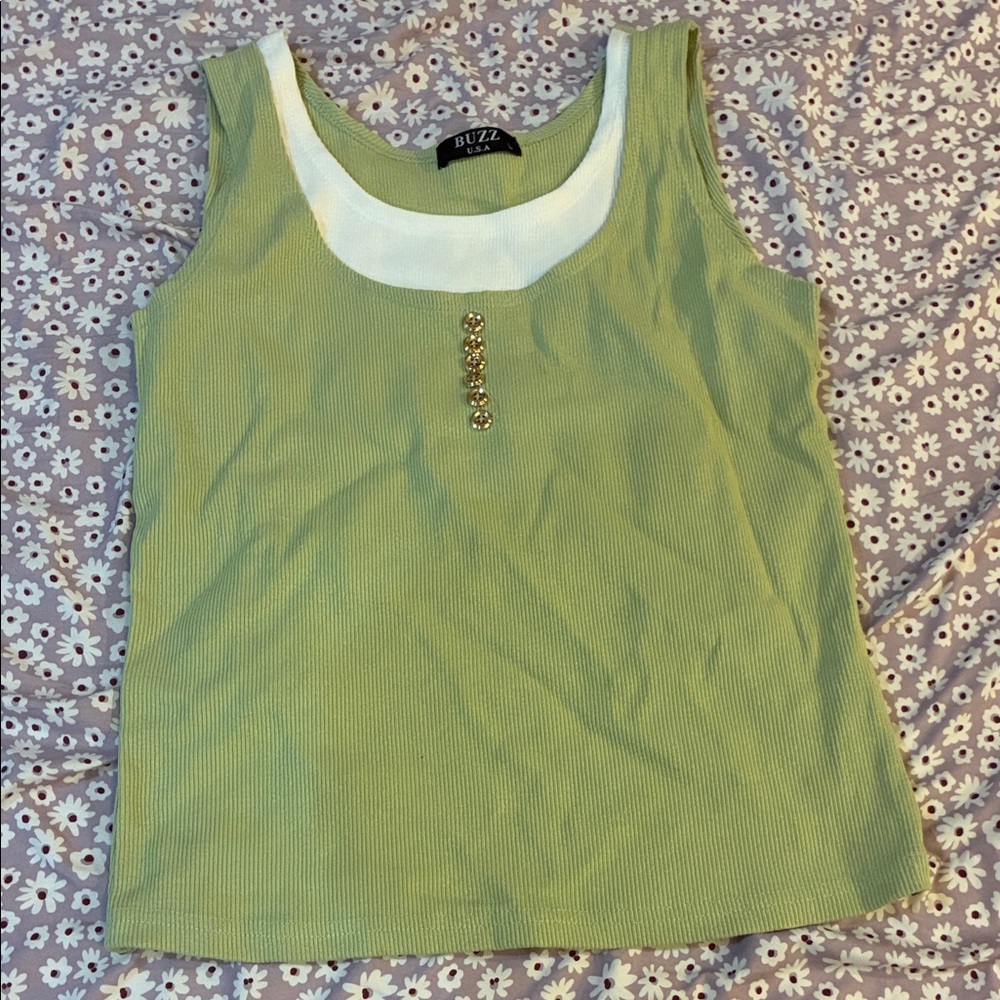 Buzz USA Light Green Ribbed Tank with White Trim and Gold Button Detail
